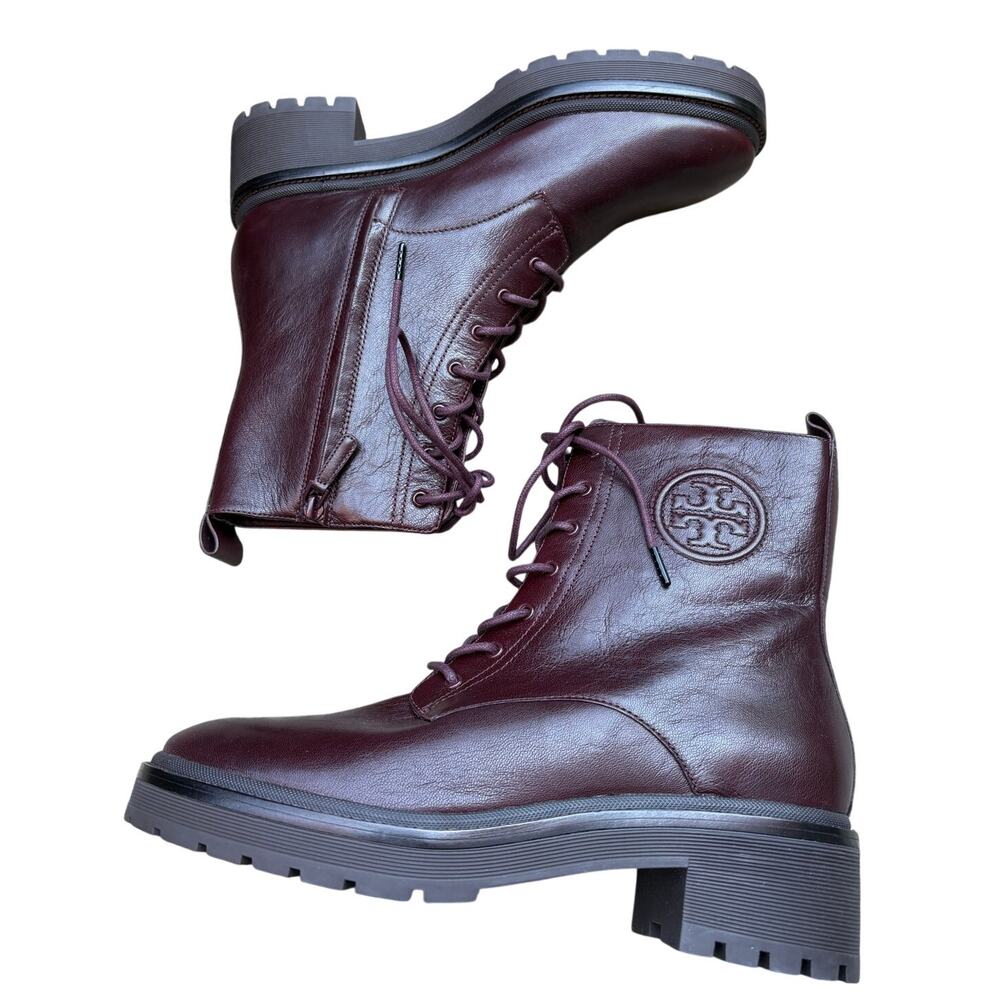 Tory Burch Miller Leather Combat Boots Burgundy Plum Women’s 11 NWOB